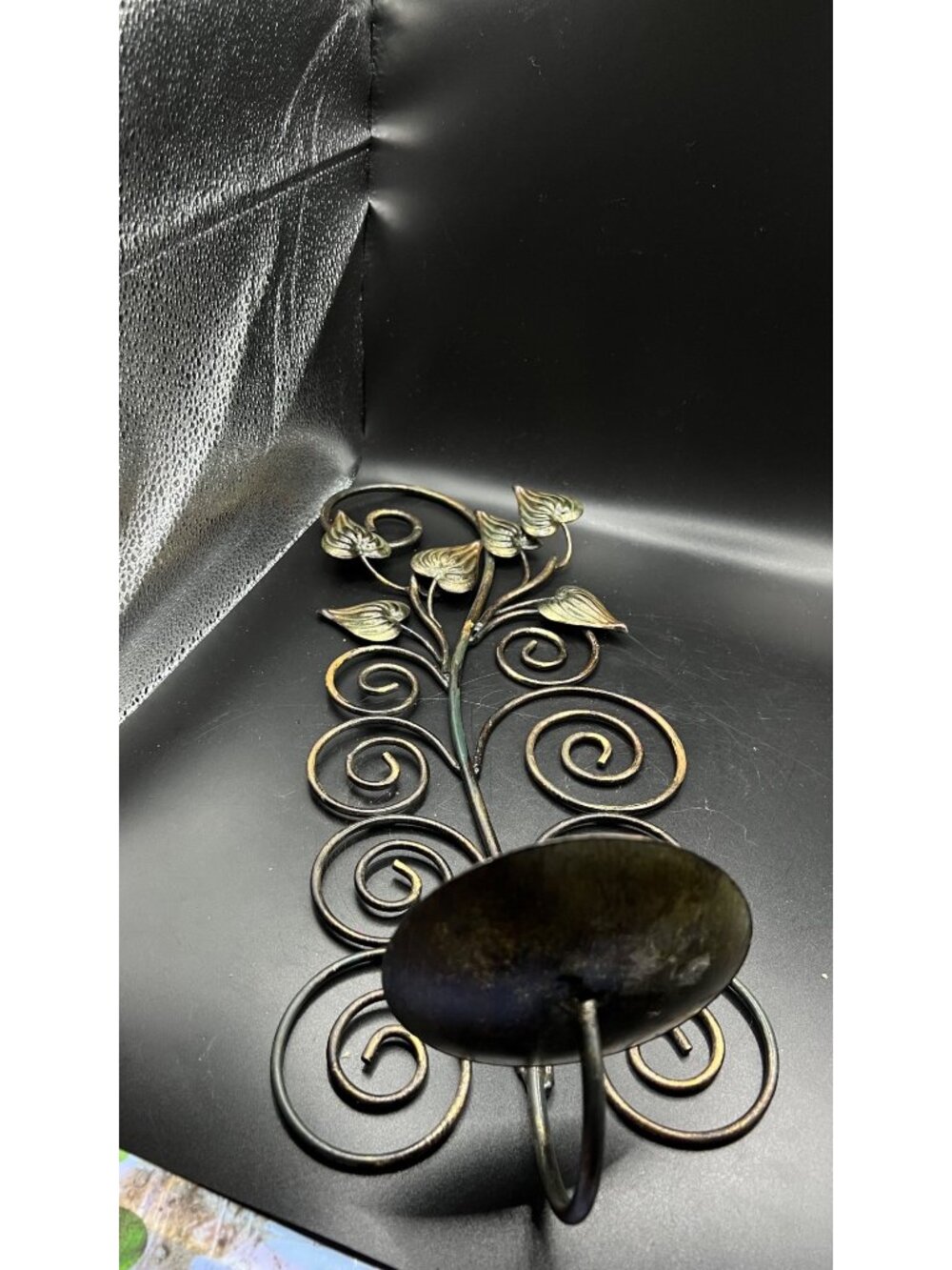 Vintage Metal Wall-Mounted Candle Holder Leaf Swirl Design Patina 1980’s Retro